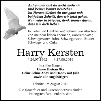 Traueranzeige von Harry Kersten von Super Sonntag Köthen