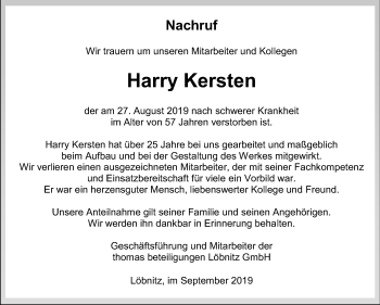 Traueranzeige von Harry Kersten von Super Sonntag Köthen
