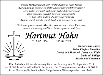Traueranzeige von Hartmut Hahn von Mitteldeutsche Zeitung Sangerhausen