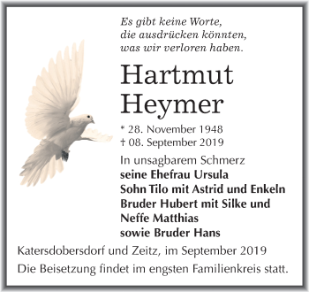 Traueranzeige von Hartmut Heymer von Super Sonntag Zeitz