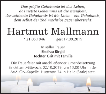 Traueranzeige von Hartmut Mallmann von Mitteldeutsche Zeitung Halle/Saalkreis