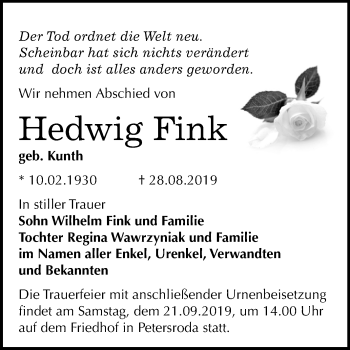 Traueranzeige von Hedwig Fink von Mitteldeutsche Zeitung Bitterfeld