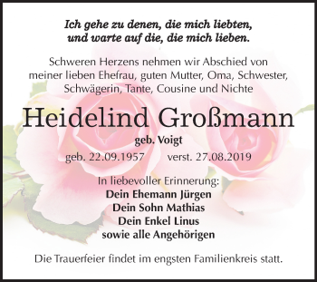 Traueranzeige von Heidelind Großmann von Mitteldeutsche Zeitung Weißenfels