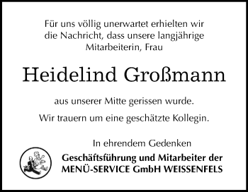 Traueranzeige von Heidelind Großmann von Super Sonntag Weißenfels
