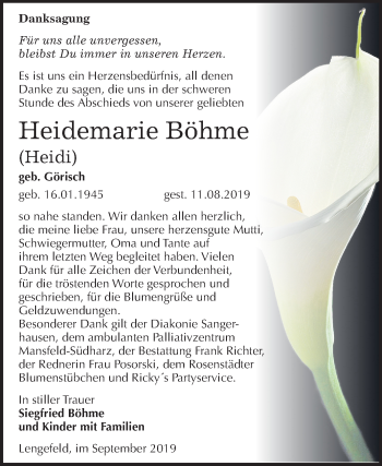 Traueranzeige von Heidemarie Böhme von Super Sonntag Sangerhausen