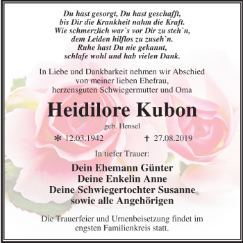 Traueranzeige von Heidilore Kubon von Mitteldeutsche Zeitung Dessau-Roßlau