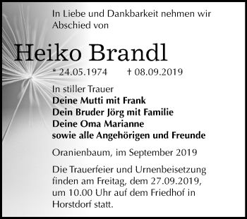 Traueranzeige von Heiko Brandl von Mitteldeutsche Zeitung Wittenberg