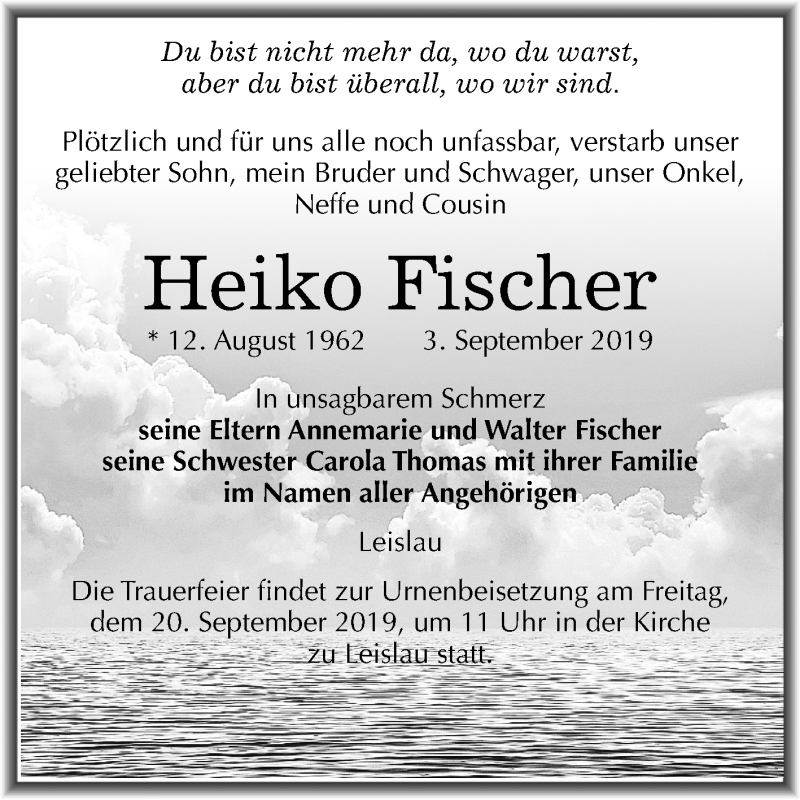  Traueranzeige für Heiko Fischer vom 07.09.2019 aus Mitteldeutsche Zeitung Naumburg/Nebra