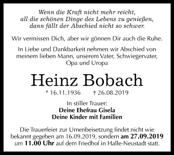 Traueranzeige von Heinz Bobach von Mitteldeutsche Zeitung Halle/Saalkreis