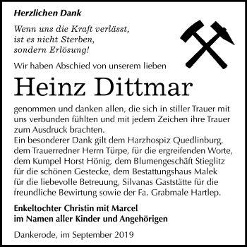 Traueranzeige von Heinz Dittmar von Super Sonntag Quedlinburg