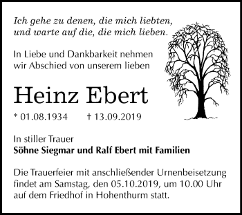Traueranzeige von Heinz Ebert von Mitteldeutsche Zeitung Halle/Saalkreis