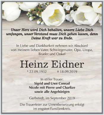 Traueranzeige von Heinz Eidner von Mitteldeutsche Zeitung Mansfelder Land