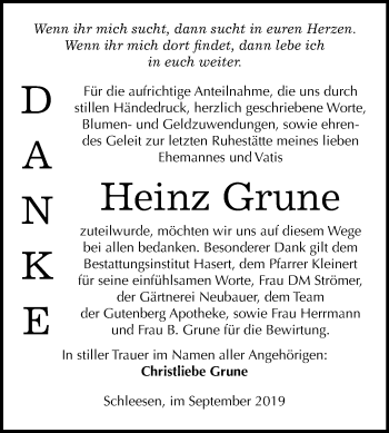 Traueranzeige von Heinz Grune von Super Sonntag Wittenberg