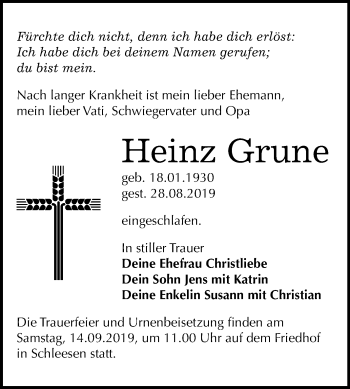 Traueranzeige von Heinz Grune von Super Sonntag Wittenberg