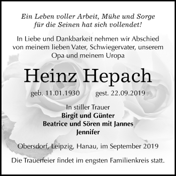 Traueranzeige von Heinz Hepach von Super Sonntag Sangerhausen