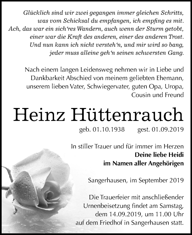  Traueranzeige für Heinz Hüttenrauch vom 07.09.2019 aus Mitteldeutsche Zeitung Sangerhausen