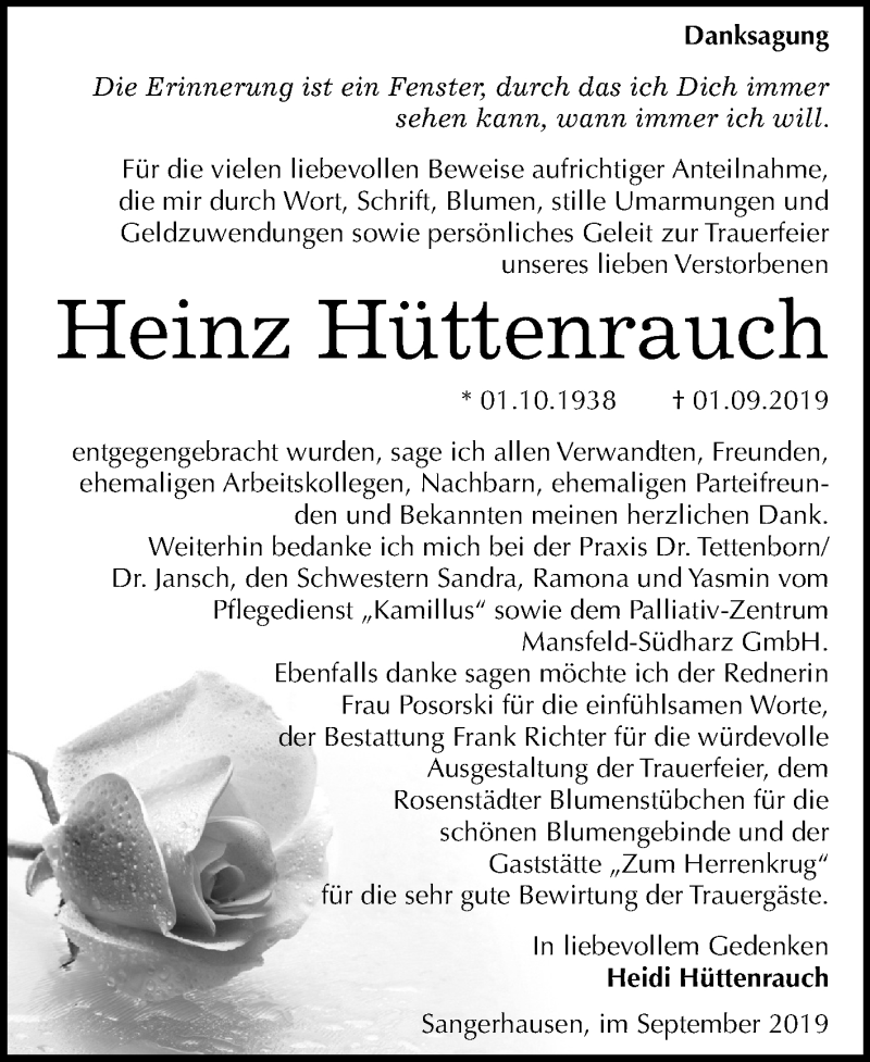  Traueranzeige für Heinz Hüttenrauch vom 21.09.2019 aus Super Sonntag Sangerhausen