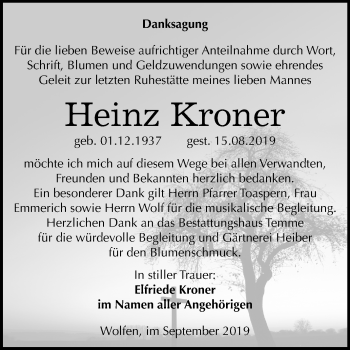 Traueranzeige von Heinz Kroner von Mitteldeutsche Zeitung Bitterfeld