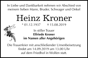 Traueranzeige von Heinz Kroner von Mitteldeutsche Zeitung Bitterfeld