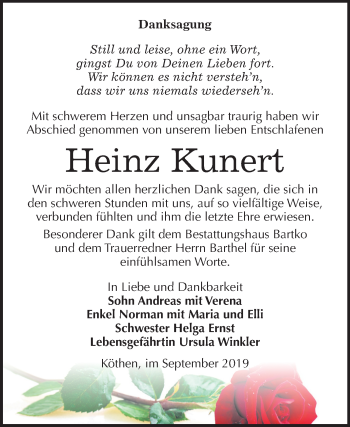 Traueranzeige von Heinz Kunert von Super Sonntag Köthen