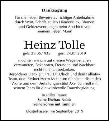 Traueranzeige von Heinz Tolle von Mitteldeutsche Zeitung Naumburg/Nebra
