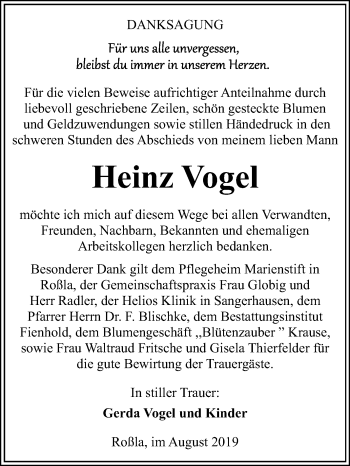 Traueranzeige von Heinz Vogel von Mitteldeutsche Zeitung Sangerhausen