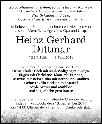 Traueranzeige von Heinz Gerhard Dittmar von Super Sonntag Quedlinburg