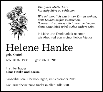 Traueranzeige von Helene Hanke von Super Sonntag Sangerhausen