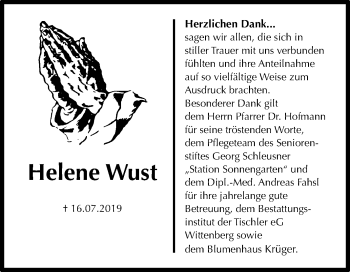 Traueranzeige von Helene Wust von Mitteldeutsche Zeitung Wittenberg