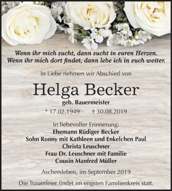 Traueranzeige von Helga Becker von Super Sonntag Aschersleben