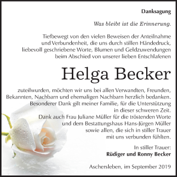 Traueranzeige von Helga Becker von Mitteldeutsche Zeitung Aschersleben