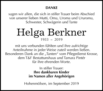 Traueranzeige von Helga Berkner von Mitteldeutsche Zeitung Weißenfels