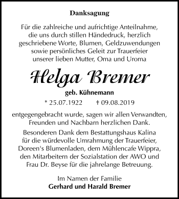 Traueranzeige von Helga Bremer von Super Sonntag Sangerhausen