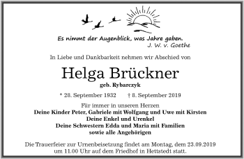 Traueranzeige von Helga Brückner von Mitteldeutsche Zeitung Mansfelder Land