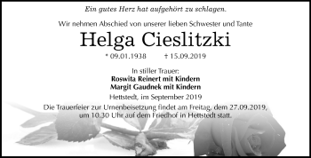 Traueranzeige von Helga Cieslitzki von Mitteldeutsche Zeitung Mansfelder Land