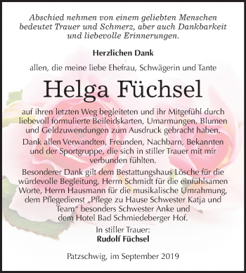 Traueranzeige von Helga Füchsel von Super Sonntag Wittenberg