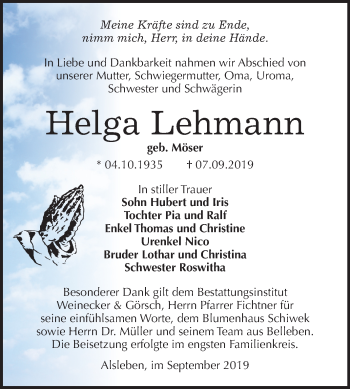 Traueranzeige von Helga Lehmann von Mitteldeutsche Zeitung Bernburg