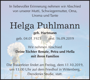 Traueranzeige von Helga Puhlmann von Super Sonntag Wittenberg