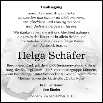 Traueranzeige von Helga Schäfer von Super Sonntag Bernburg
