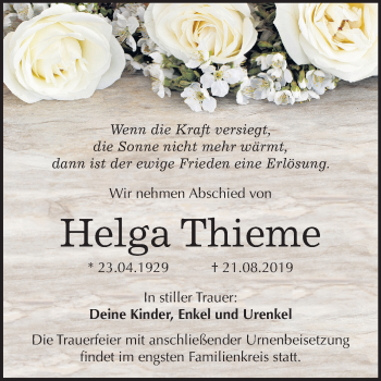 Traueranzeige von Helga Thieme von Super Sonntag Wittenberg