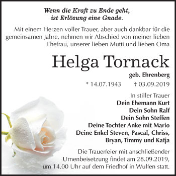Traueranzeige von Helga Tornack von Mitteldeutsche Zeitung Köthen