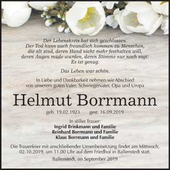 Traueranzeige von Helmut Borrmann von Mitteldeutsche Zeitung Quedlinburg