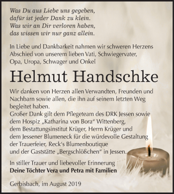 Traueranzeige von Helmut Handschke von Mitteldeutsche Zeitung Wittenberg
