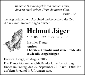 Traueranzeige von Helmut Jäger von Mitteldeutsche Zeitung Sangerhausen