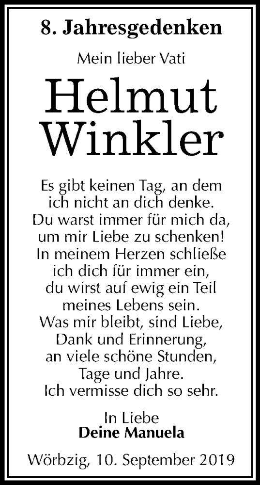 Traueranzeige für Helmut Winkler vom 11.09.2019 aus Wochenspiegel Köthen