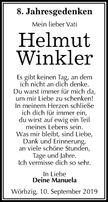 Traueranzeige von Helmut Winkler von Wochenspiegel Köthen