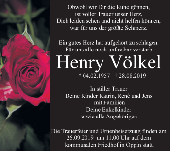 Traueranzeige von Henry Völkel von Wochenspiegel Bitterfeld