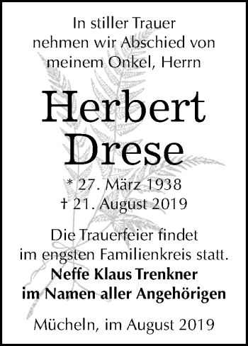 Traueranzeige von Herbert Drese von Wochenspiegel Merseburg/Querfurt