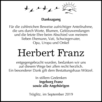 Traueranzeige von Herbert Franz von Super Sonntag Zeitz