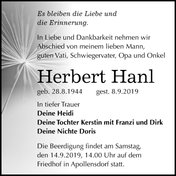 Traueranzeige von Herbert Hanl von Wochenspiegel Wittenberg